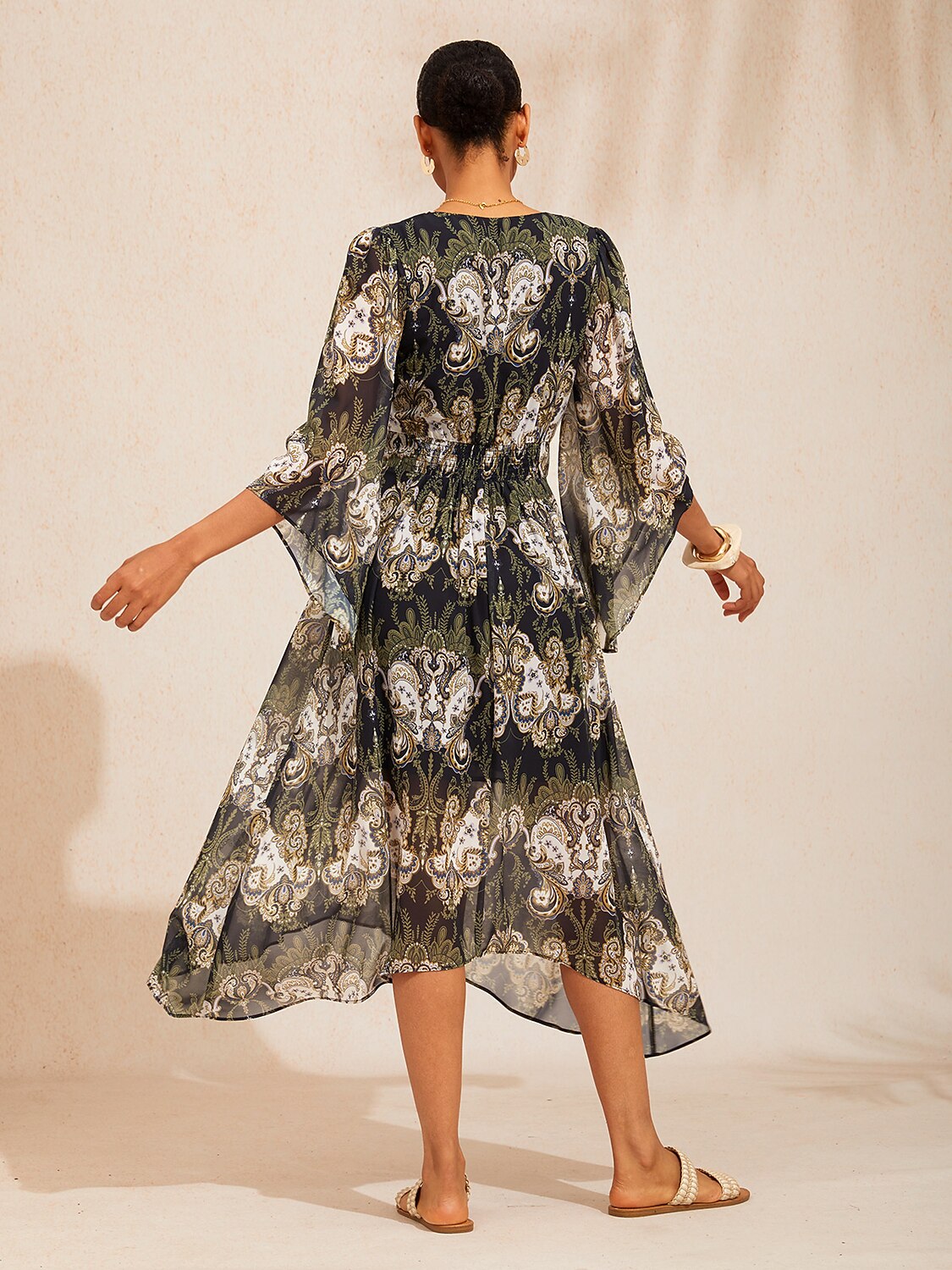 Green Mandala Floral Flowy Chiffon Maxi Dress