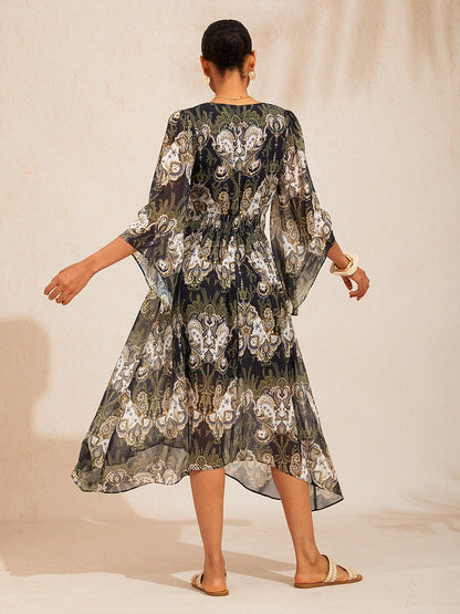 Robe maxi en chiffon à imprimé floral et manches évasées