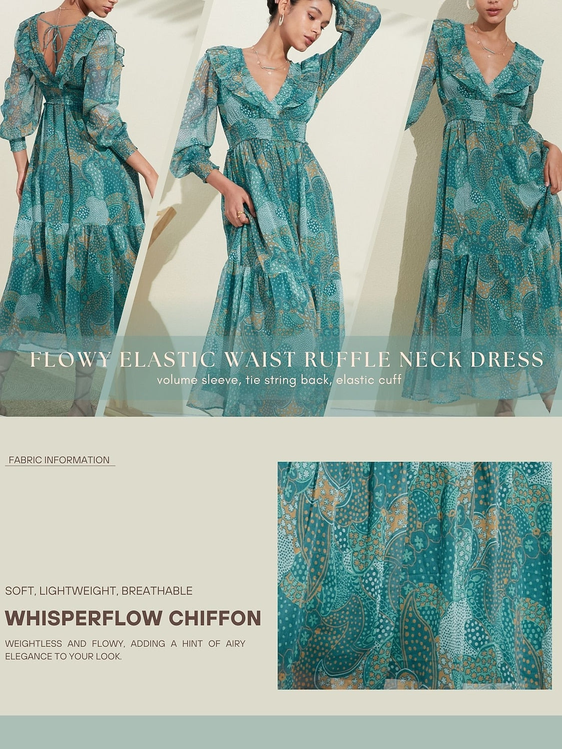 Floral Chiffon Tropical Flowers Puff  Sleeve Maxi Dress