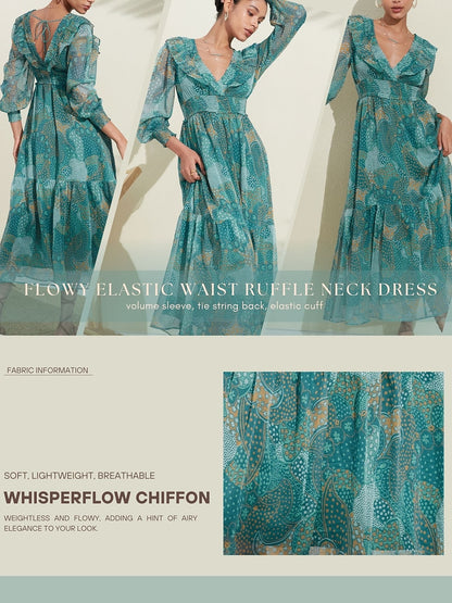 Floral Chiffon Tropical Flowers Puff  Sleeve Maxi Dress