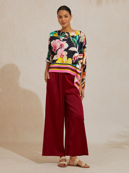 Midnight Floral Carnival Silky Satin Dolman Sleeve Top