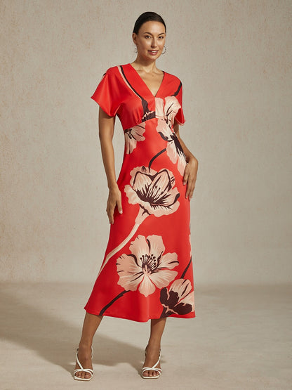 Red Floral Print Silky Satin Maxi Dress