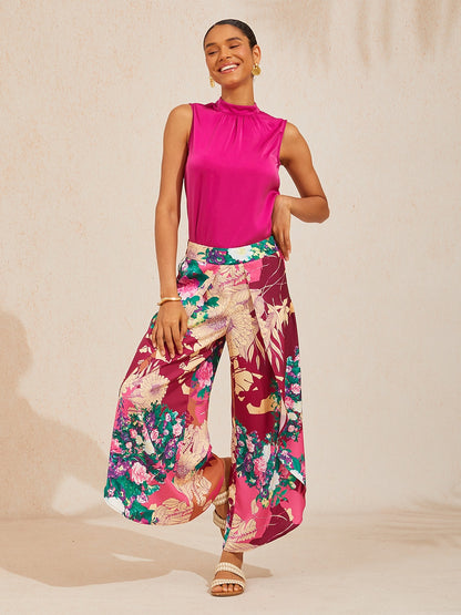 Fiery Pink Rose Silky Satin Slit Wide Leg Pants