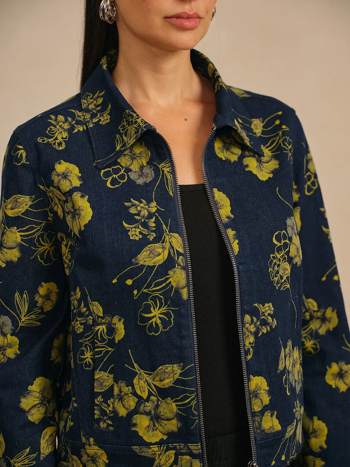 Denim Yellow Floral Pattern Turn Down Collar Jacket