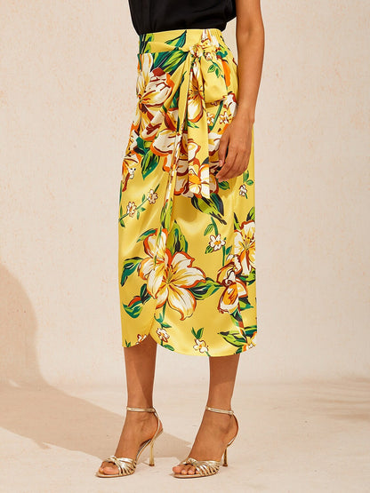 Lime Magnolia Glow Silky Satin Wrap Skirt