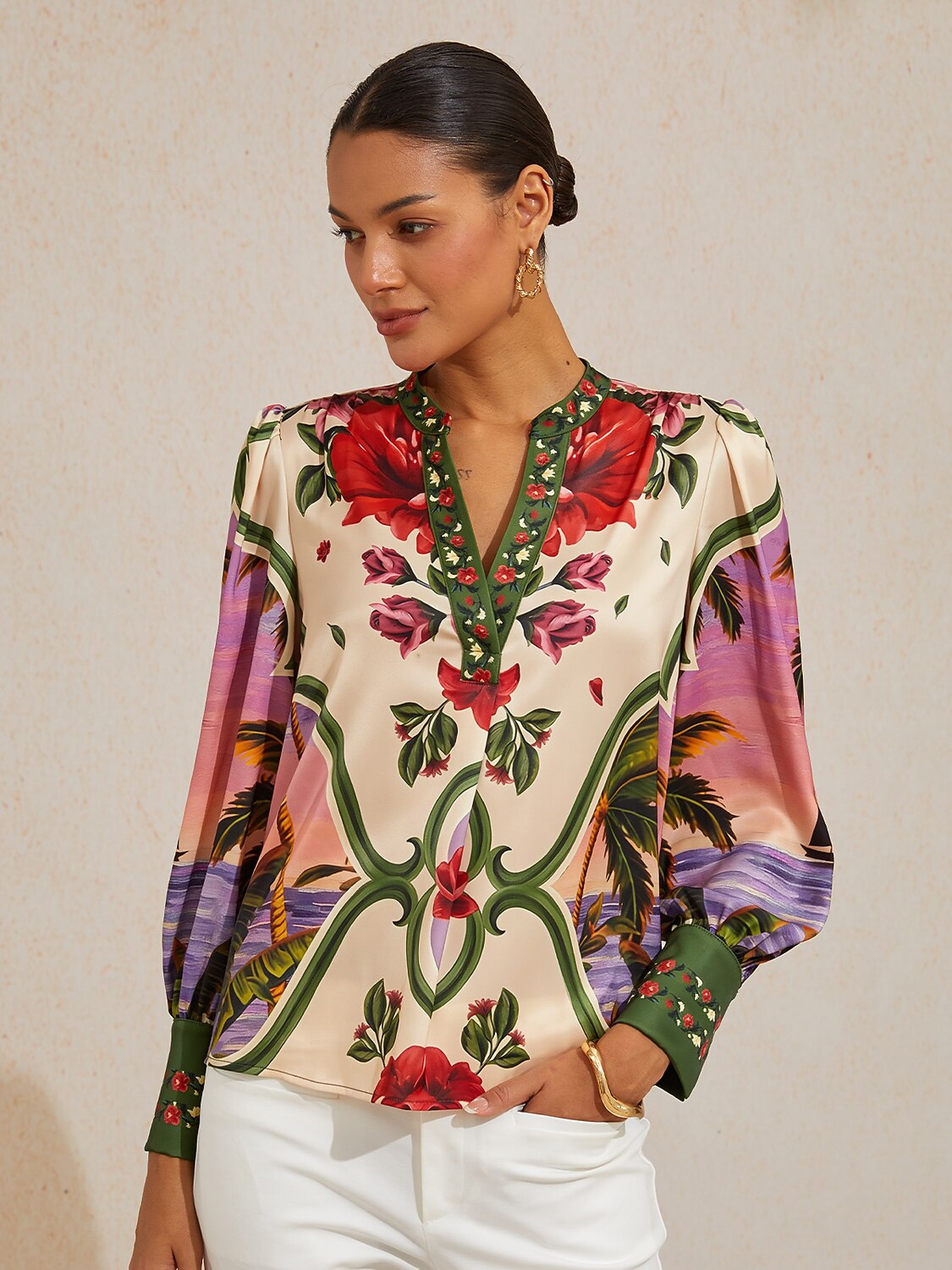 Hawaii Palm Silky Satin Blouse