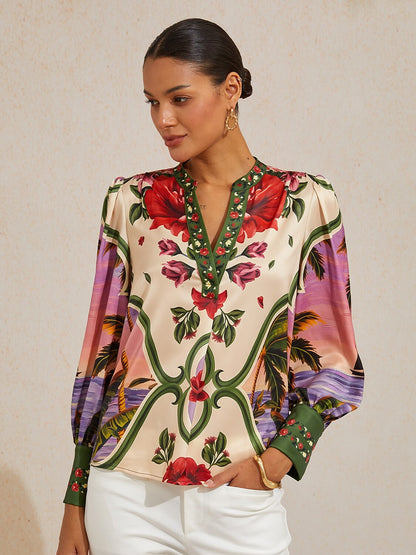 Hawaii Palm Silky Satin Blouse