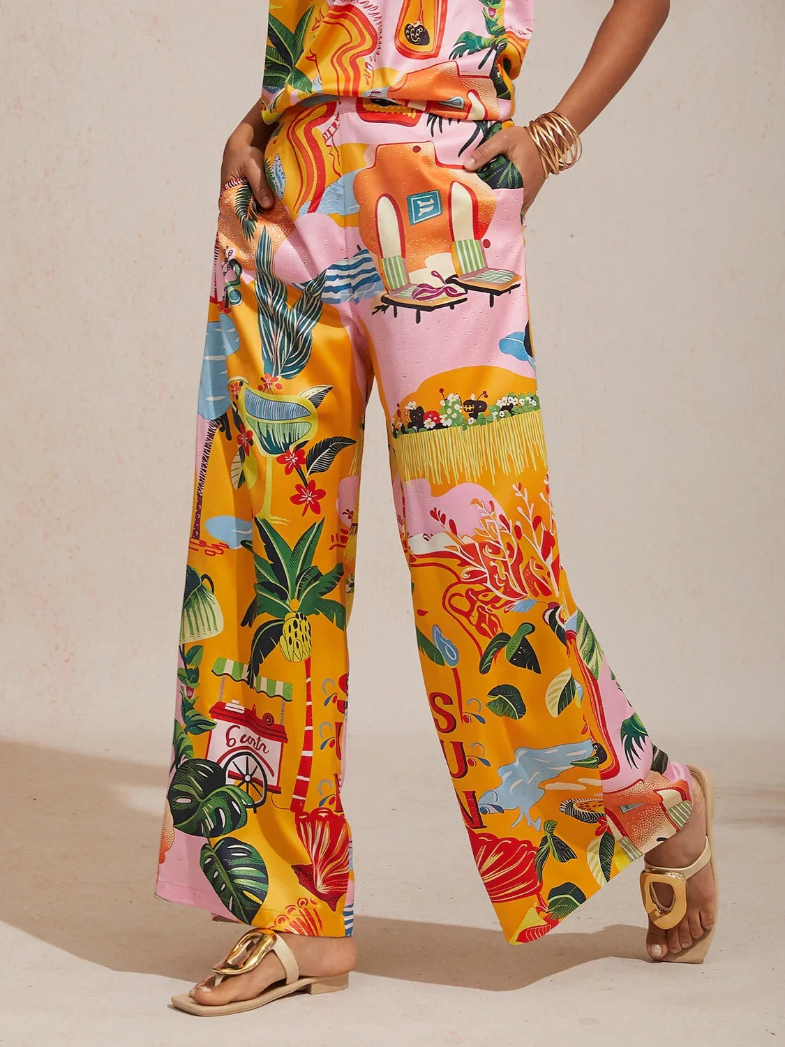 Summer Escape Silky Satin Floral Wide-Leg Pants