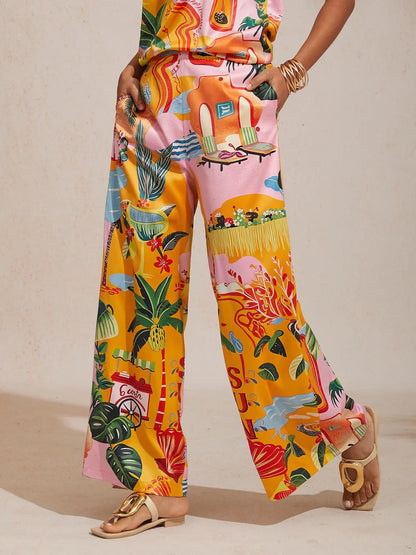 Summer Escape Silky Satin Floral Wide-Leg Pants