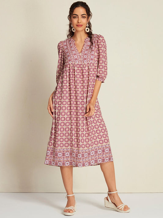 Chiffon Ethnic Floral Print Half Sleeve V-Neck Midi Dress