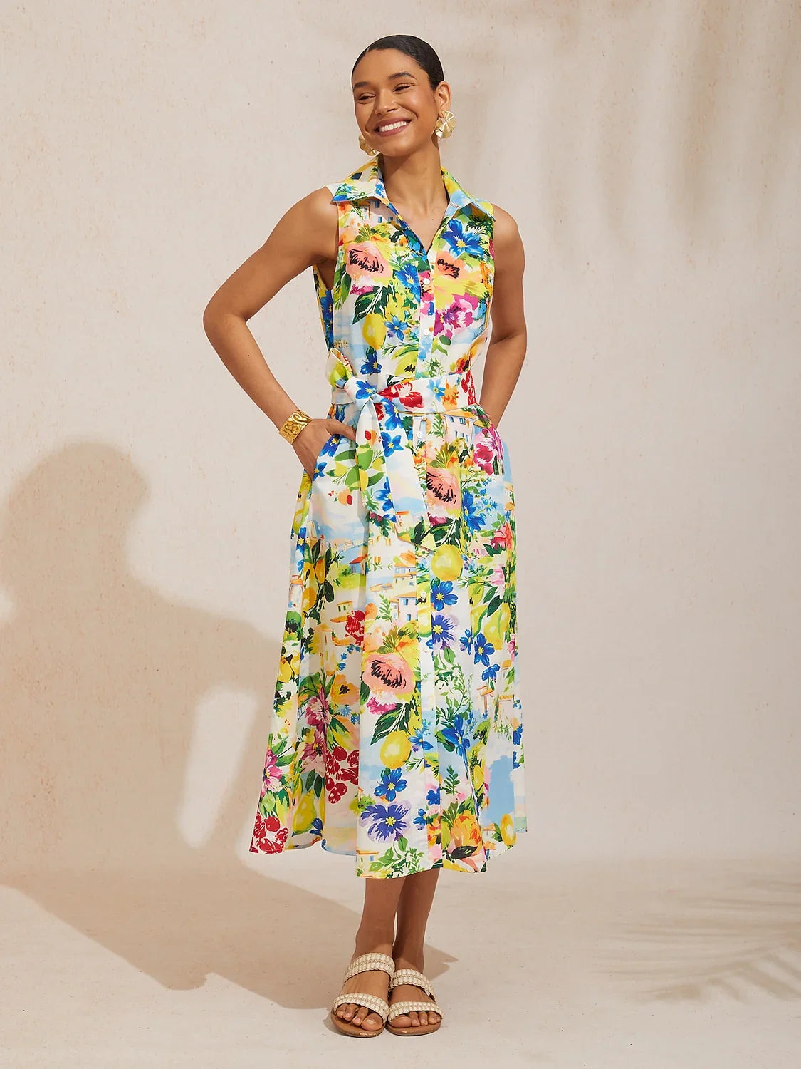 St Barth Blooms Airy Linen Look Blue Shirt Dress