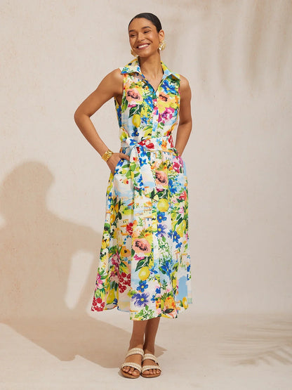 St Barth Blooms Airy Linen Look Blue Shirt Dress