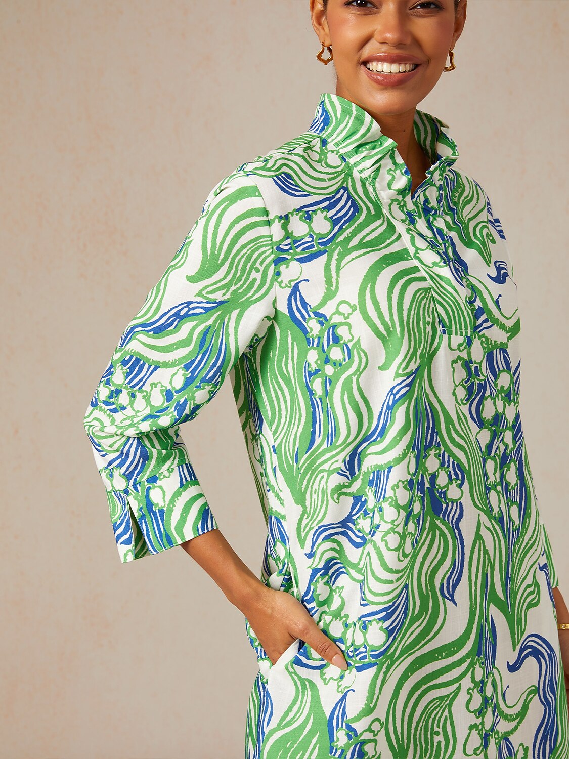 Abstract Bell Flower Linen Look Midi Dress