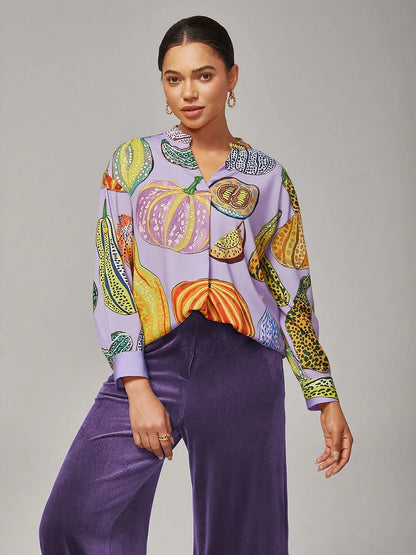 Pumpkin Print Stand Collar Pleated Shirt