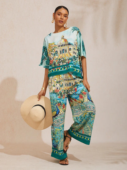 Summer Night Palm Silky Satin Wide Leg Pants