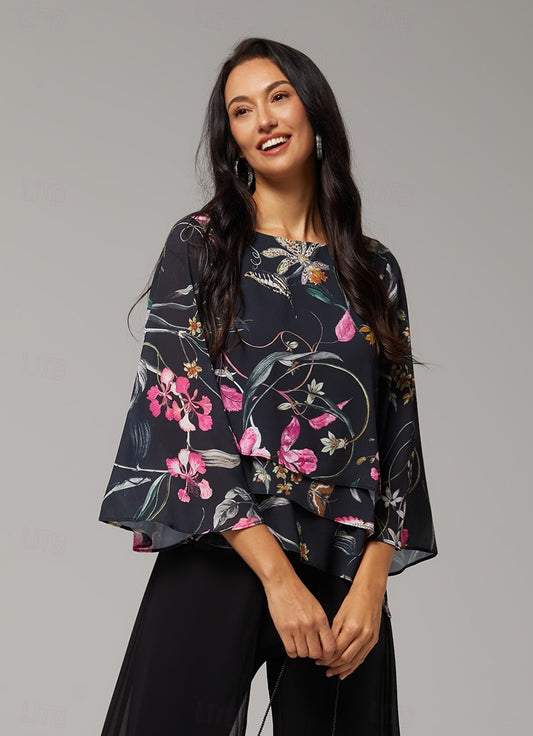 Black Chiffon Floral Print 3/4 Loose Round Blouse
