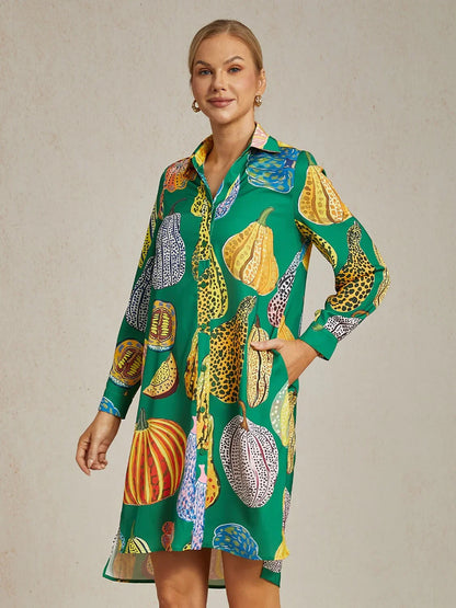 Pumpkin Print Split Hem Shirt Dress