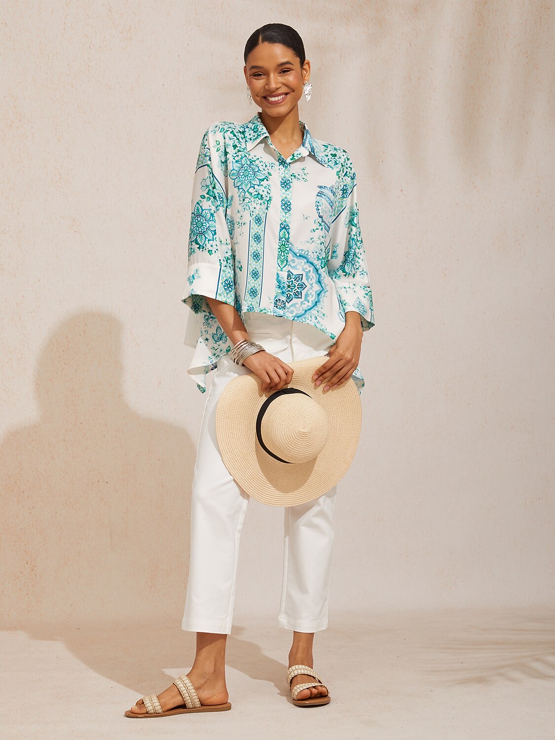 Pastel Floral Garden Satin Dolman Sleeve Button Down Shirt