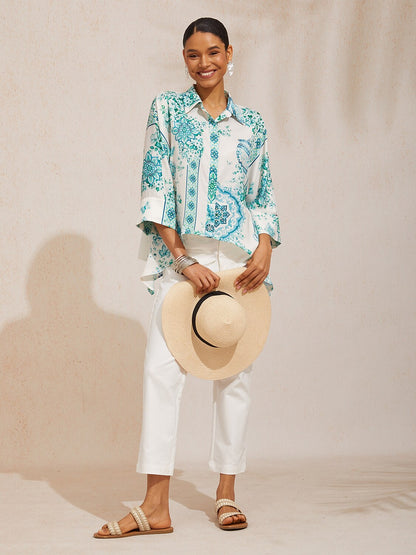 Pastel Floral Garden Satin Dolman Sleeve Button Down Shirt