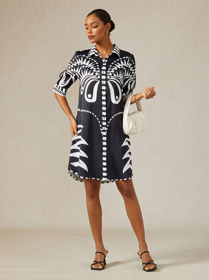 Noir Geometry Silky Satin Shirt Dress