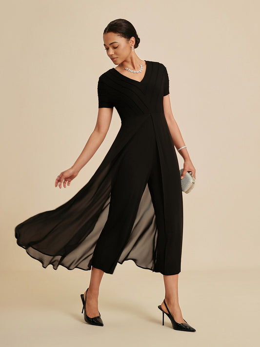 Paneled Design Faux Flowy Sheer Stretch Fabric Jumpsuit