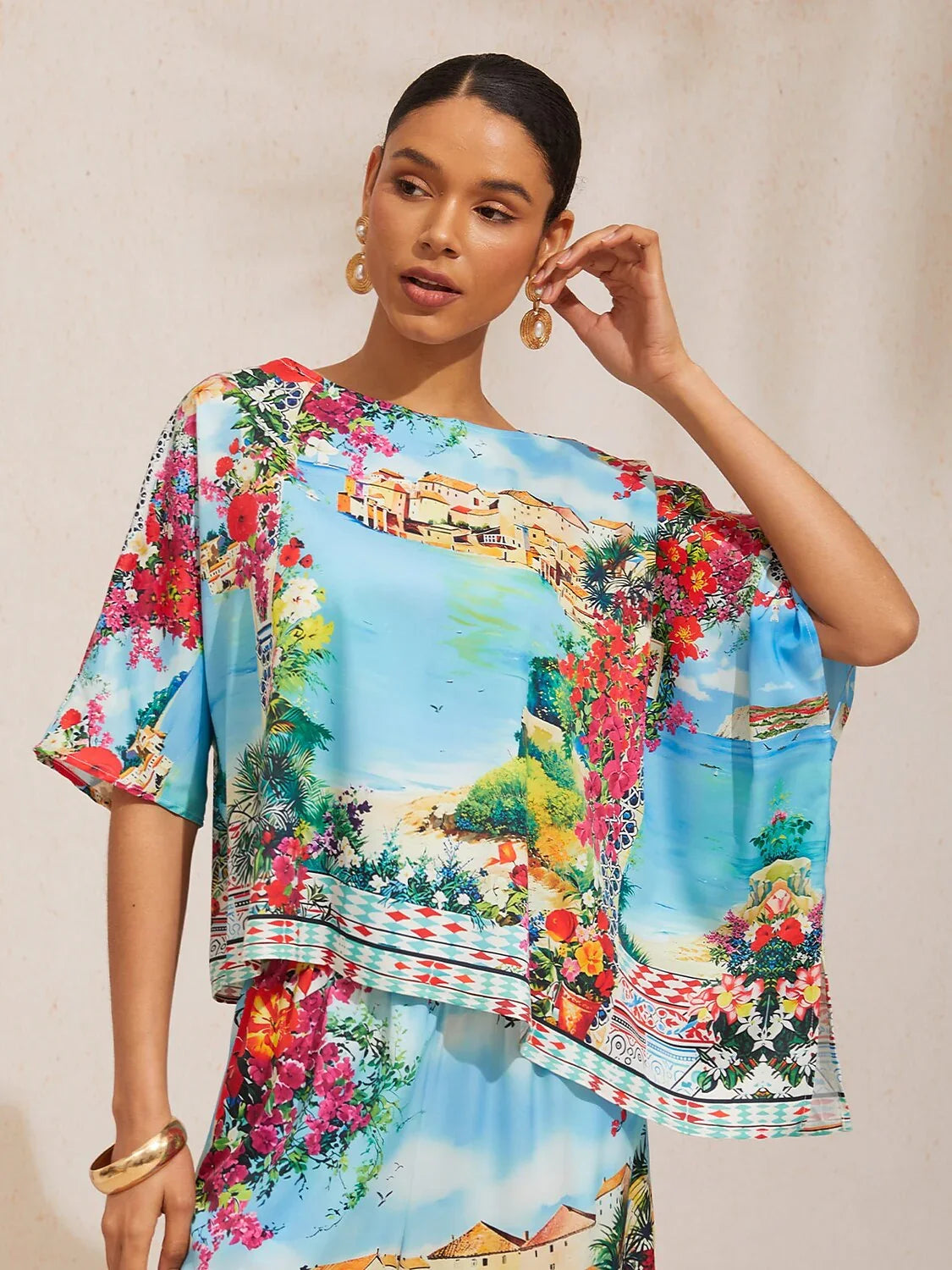Mallorca Blossom Silky Satin Dolman Sleeve Top