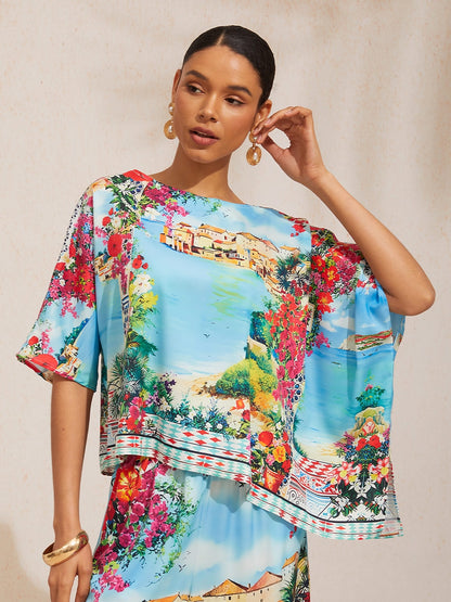 Boho-Paisley-Oberteil aus seidigem Satin mit Dolman-Ärmeln