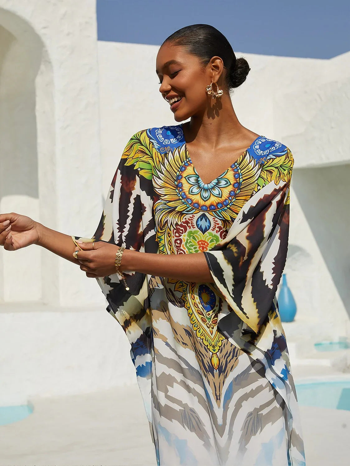 Mallorca Blossom Flowy Chiffon Dolman Sleeve Maxi Dress