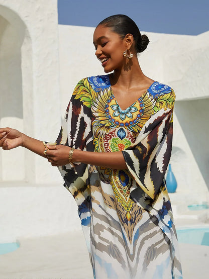 Mallorca Blossom Flowy Chiffon Dolman Sleeve Maxi Dress