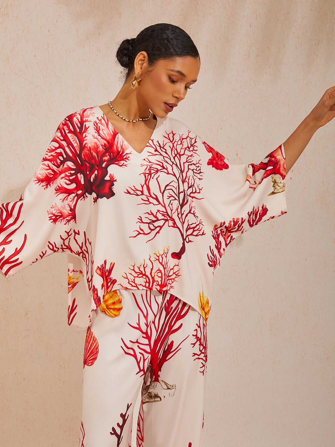 Coral Riviera Silky Satin Batwing Top