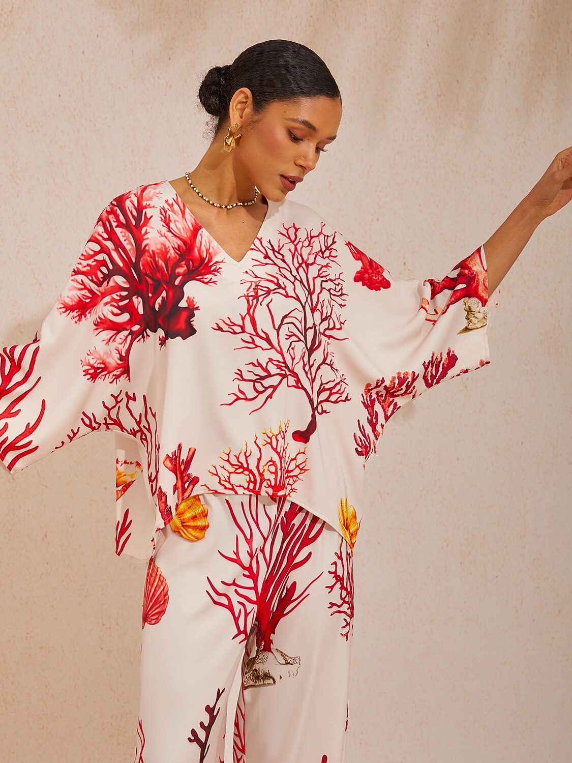 Coral Riviera Silky Satin Batwing Top
