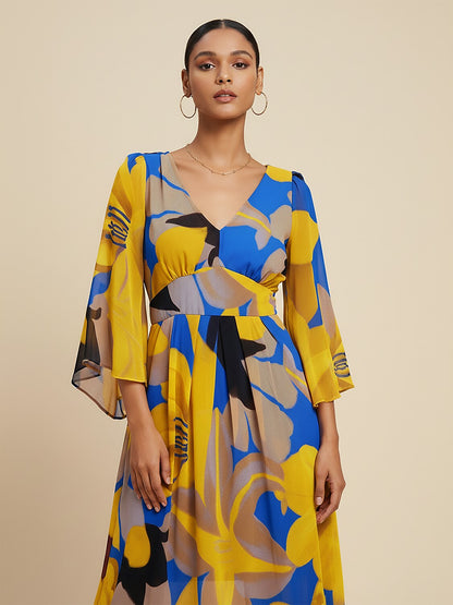 Abstract Floral Print Chiffon Maxi Dress