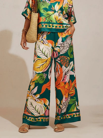 Wild Hibiscus Dream Silky Satin Wide Leg Pants