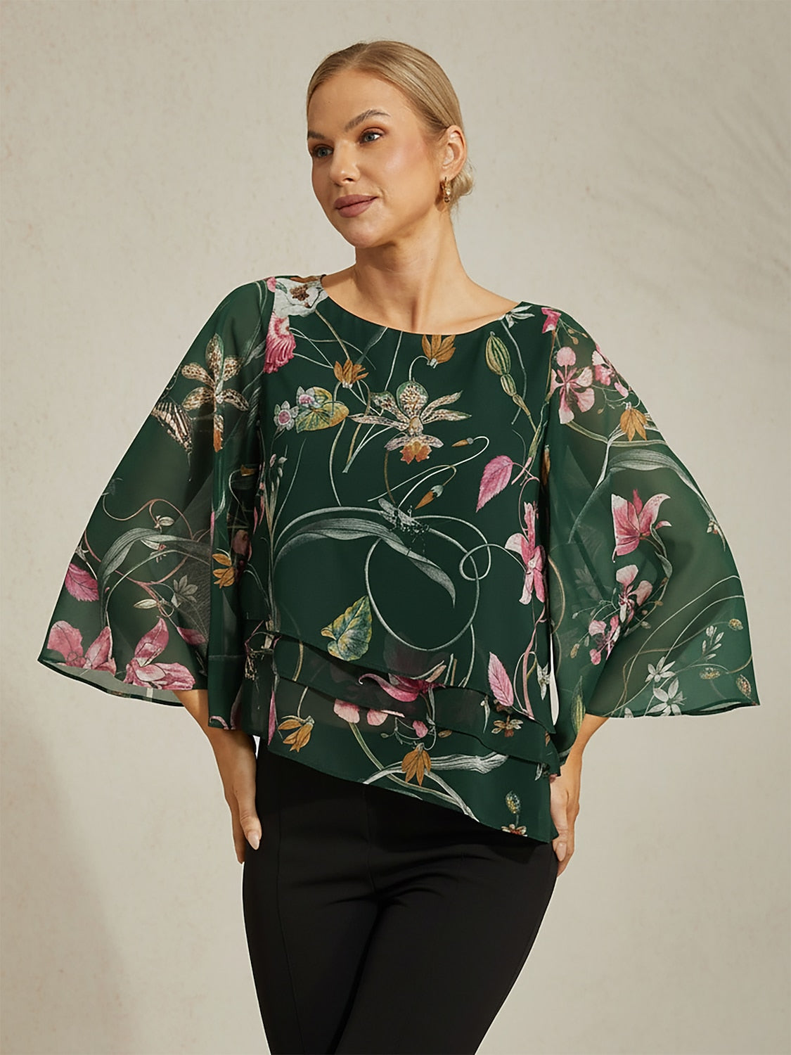 Floral Print Half Sleeve Round Neck Layered Chiffon Blouse