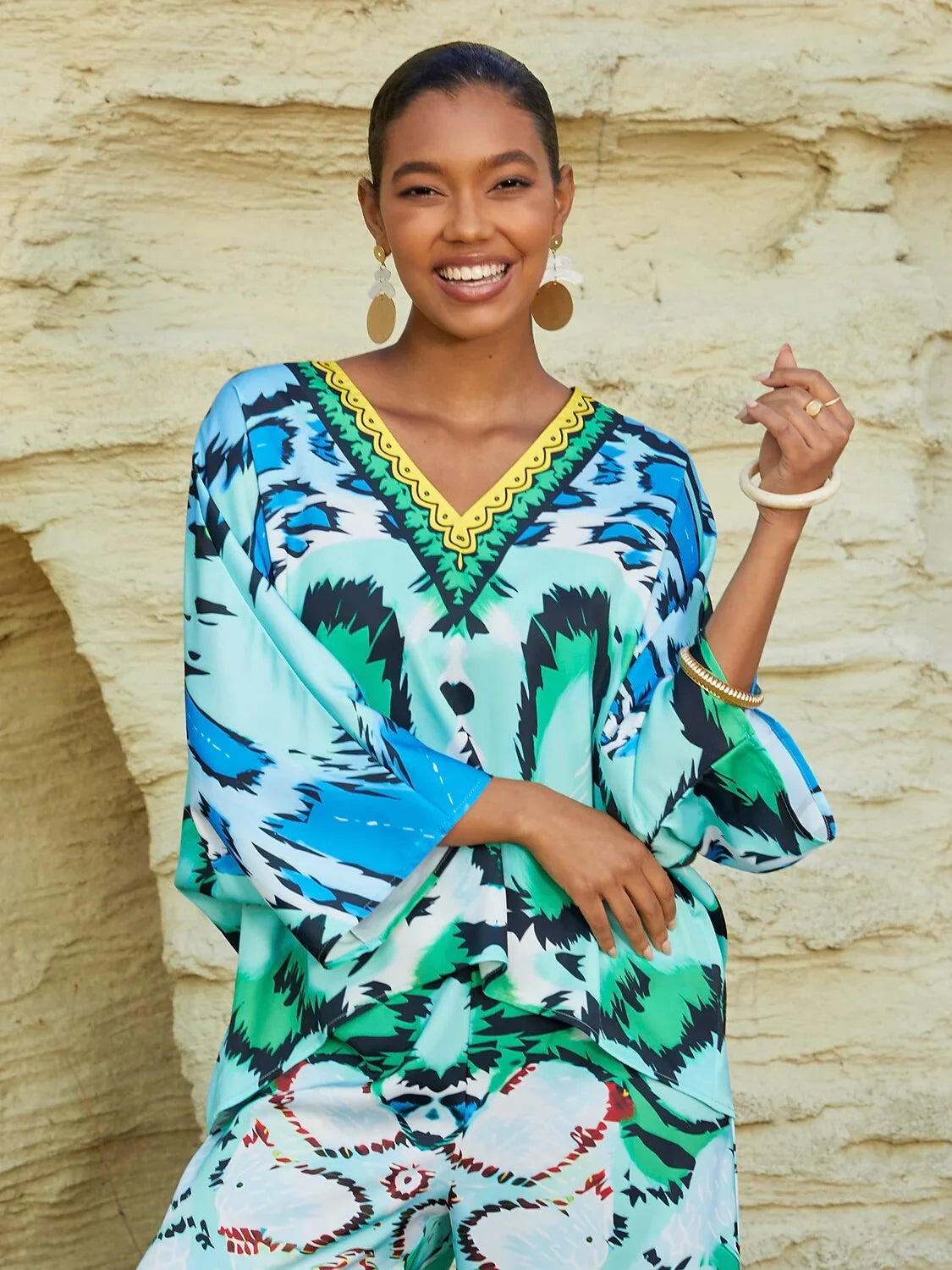 Land Wonder Silky Satin Vacation Satin Batwing Top