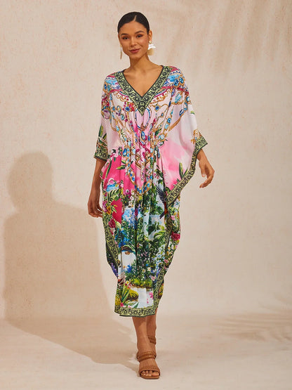 Pink Jungle Party Flowy Chiffon Diamond Kaftan