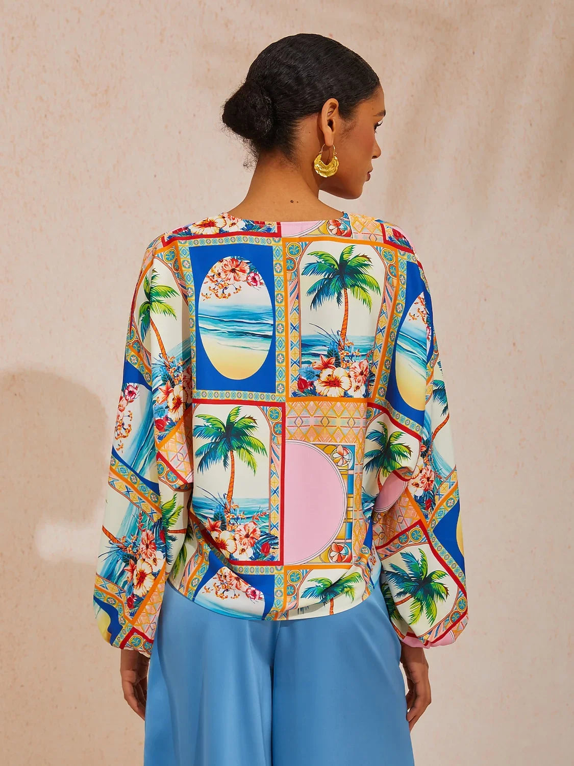 Summer Escape Geometric  Dolman Sleeve Satin Top