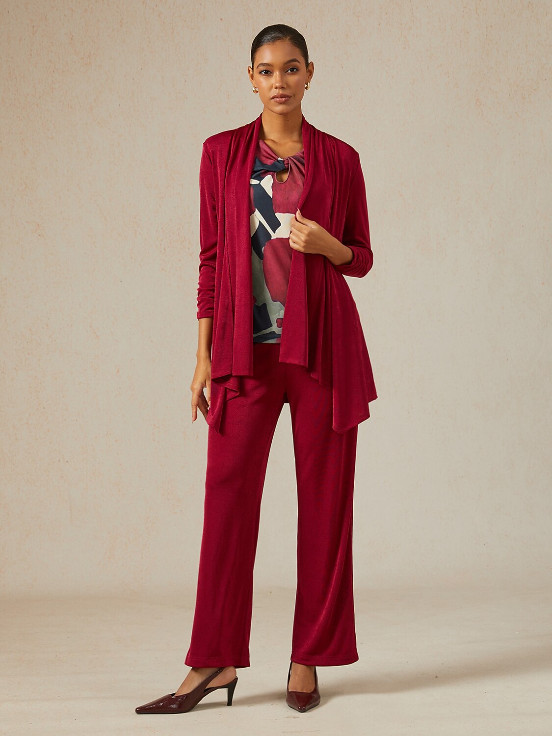 Acetate Look Stretch Knit Ruched Sleeve Jacket