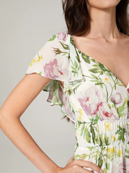 Elegant Floral Print Chiffon Flowy V-Neck Backless Maxi Dress