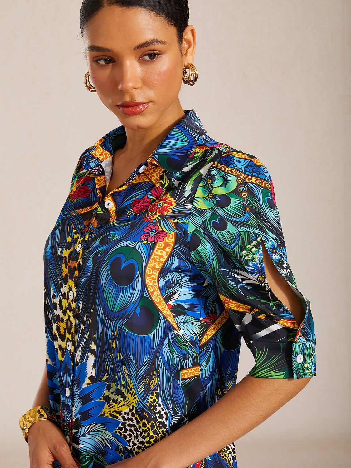 Ocean Blue Orchid Silky Satin Floral Shirt Dress