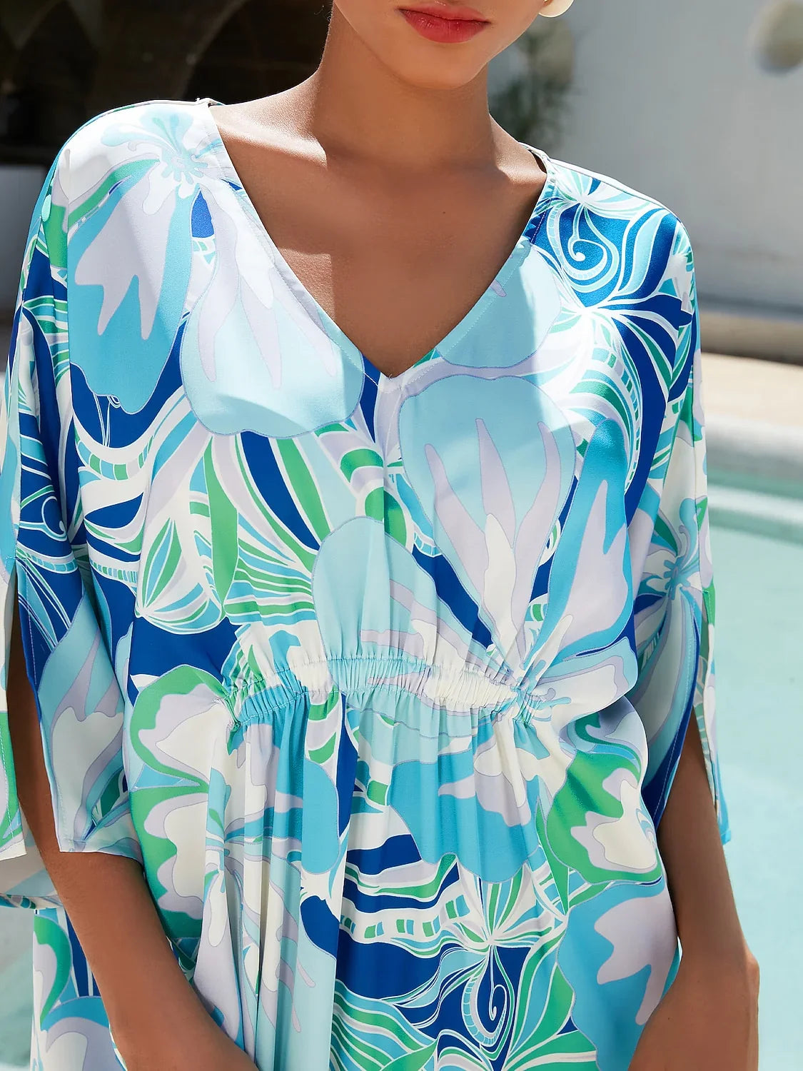 Satin Floral Print V-Neck Beach Vacation Midi Dress
