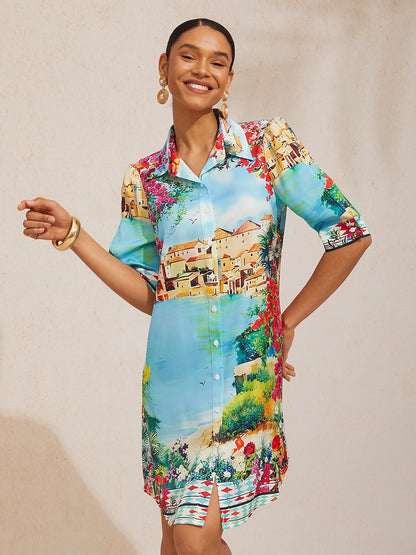 Mallorca Blossom Silky Satin Straight Shirt Dress