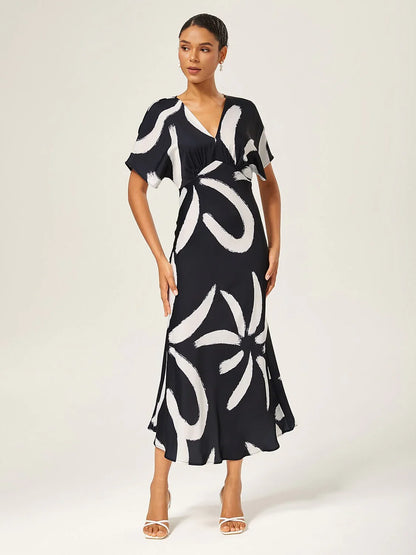 Abstract Floral Print Satin Maxi Dress