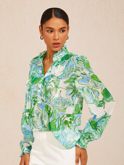 Graphic Art Mustang Ruffle V-Neck Chiffon Blouse