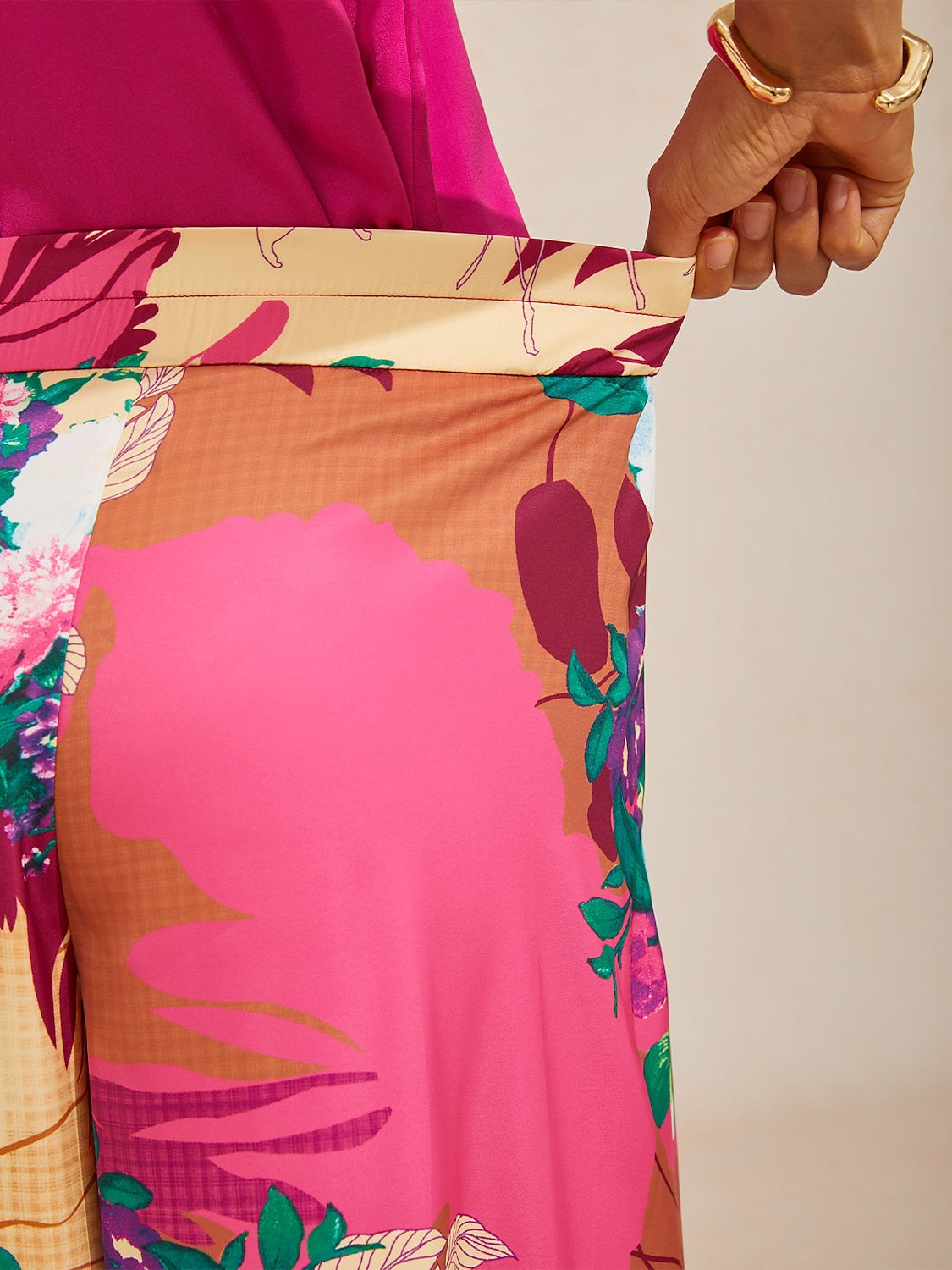 Fiery Pink Rose Silky Satin Slit Wide Leg Pants