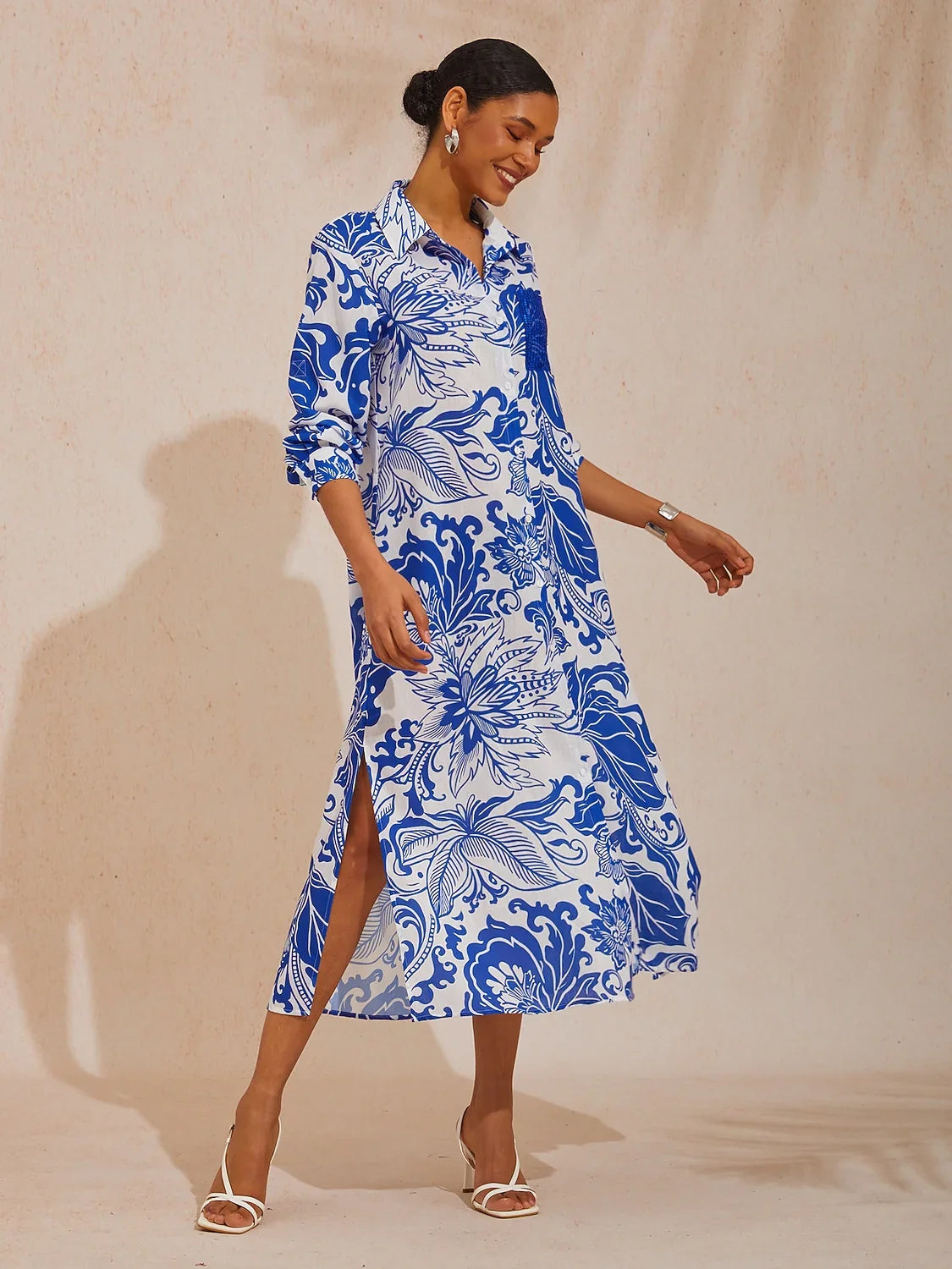 St Barth Blooms Airy Linen Look Blue Maxi Dress