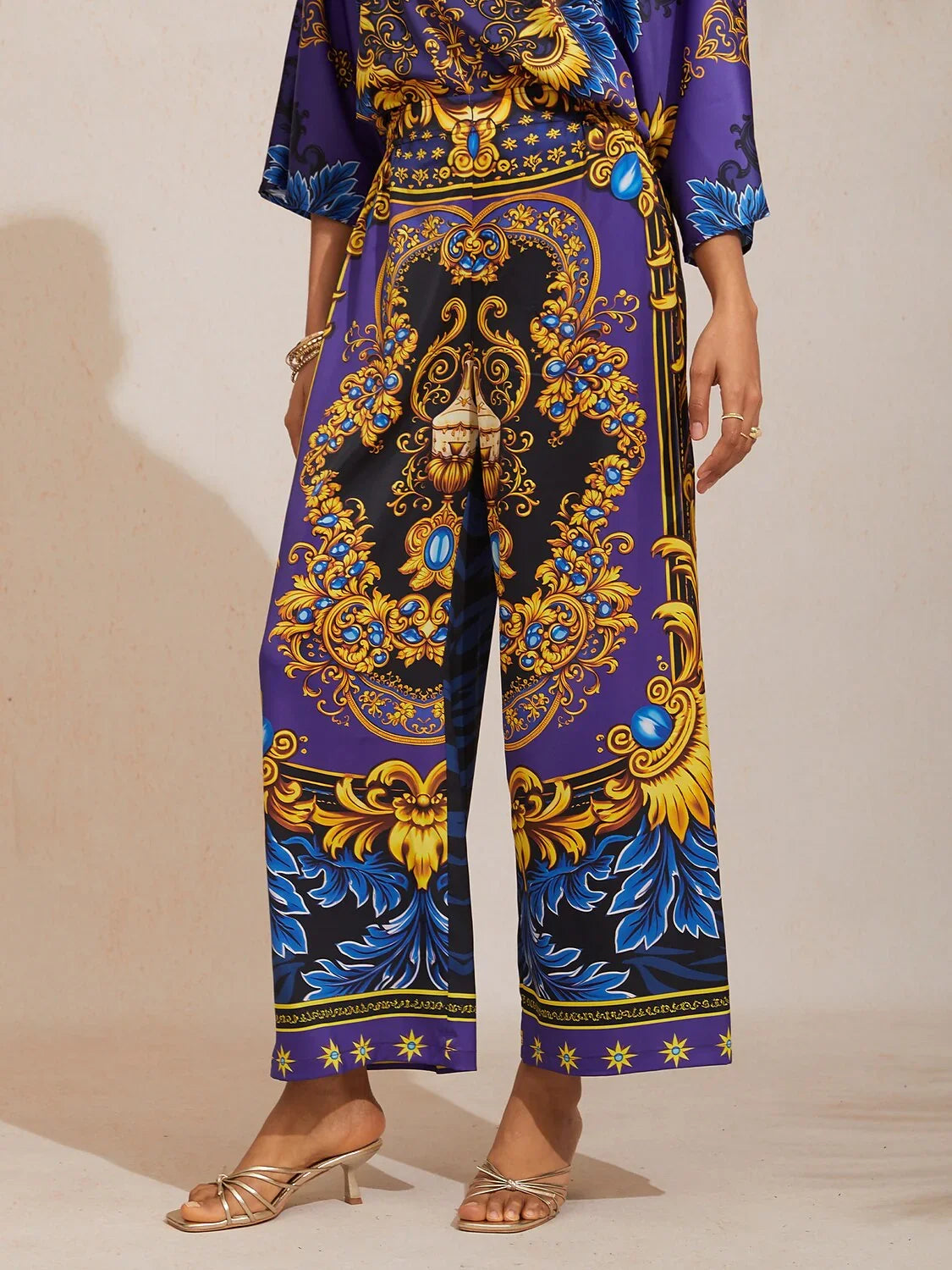 Midnight Blue Baroque Satin Elastic Waist Straight Pants