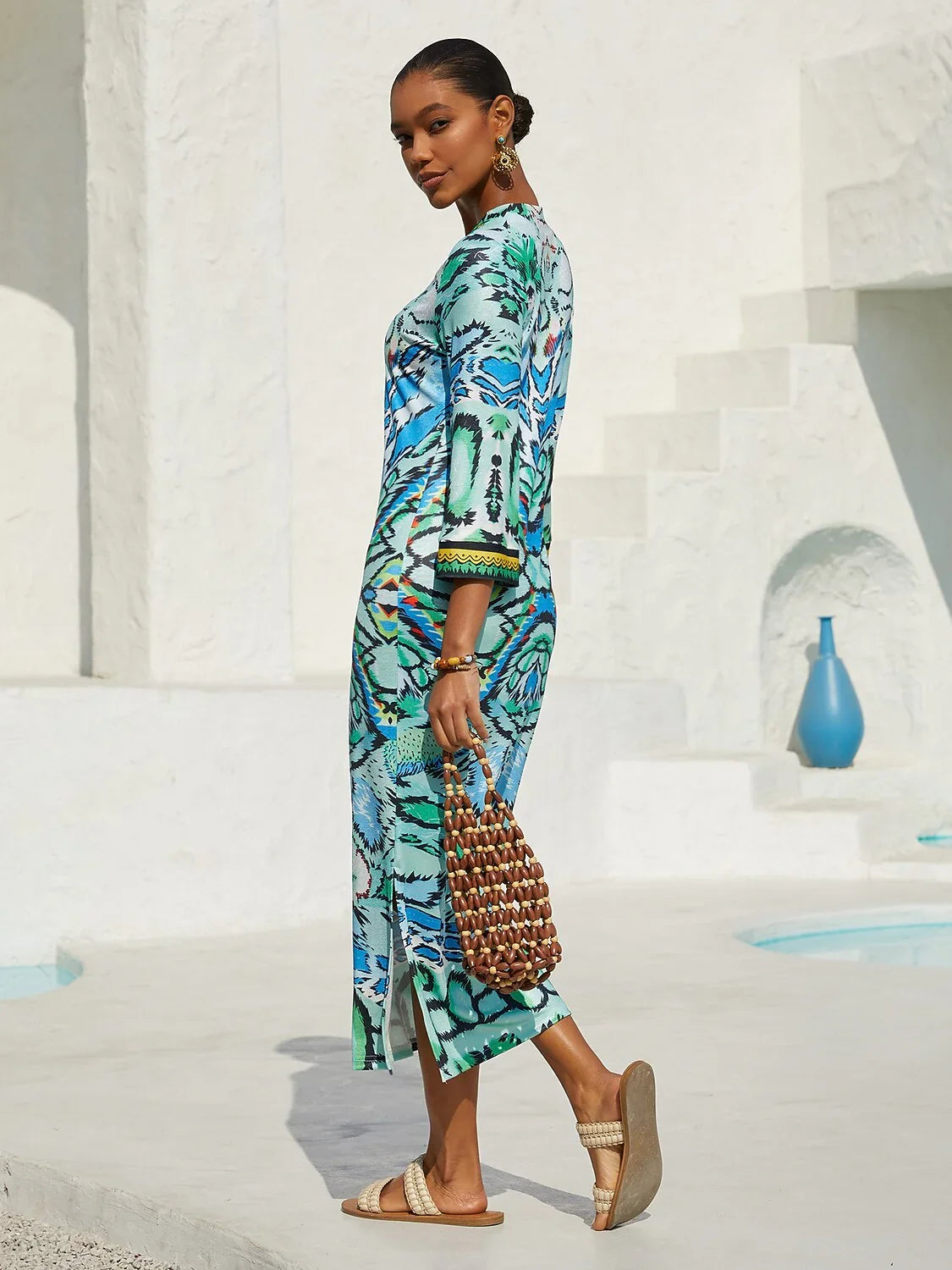 Abstract Paisley Print Knit Stretch Fitted Maxi Dress