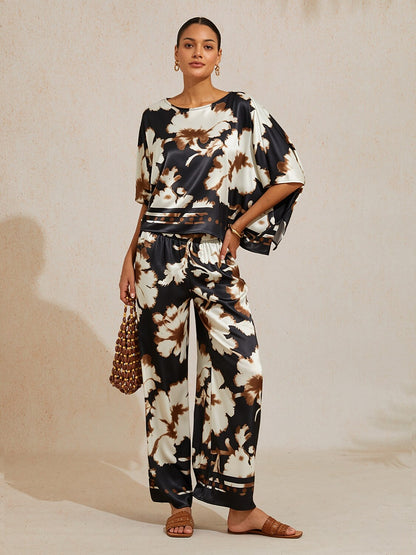 Sepia Noir Bloom Silky Satin Dolman Sleeve Top