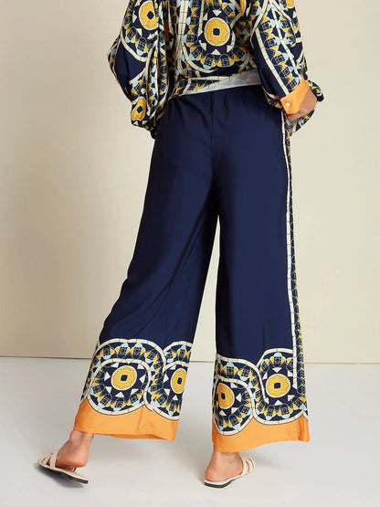 Satin Geometric Print Wide Leg Maxi Pants
